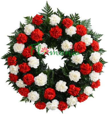 Траурный венок из красных и белых гвоздик
